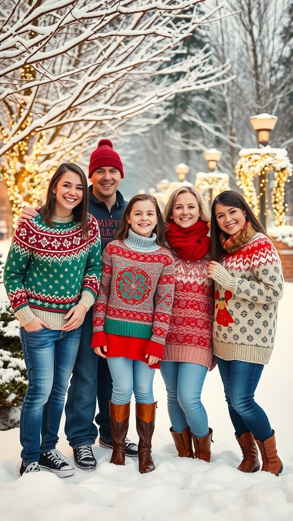 A family of five in holiday sweaters posing joyfully in a snowy outdoor setting for a Christmas card.
